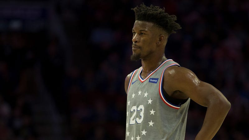 Jimmy Butler of the Philadelphia 76ers looks on against the Utah Jazz at the Wells Fargo Center on November 16, 2018 in Philadelphia, Pennsylvania.