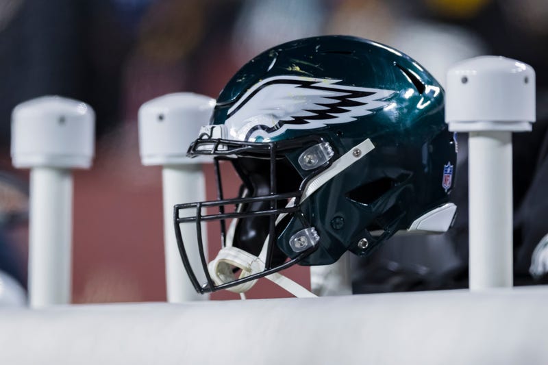 A general view of a Philadelphia Eagles helmet on the sidelines during the second half against the Washington Redskins at FedExField on December 30, 2018 in Landover, Maryland.