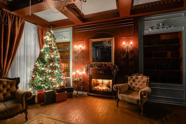 Living room with fireplace during Christmas