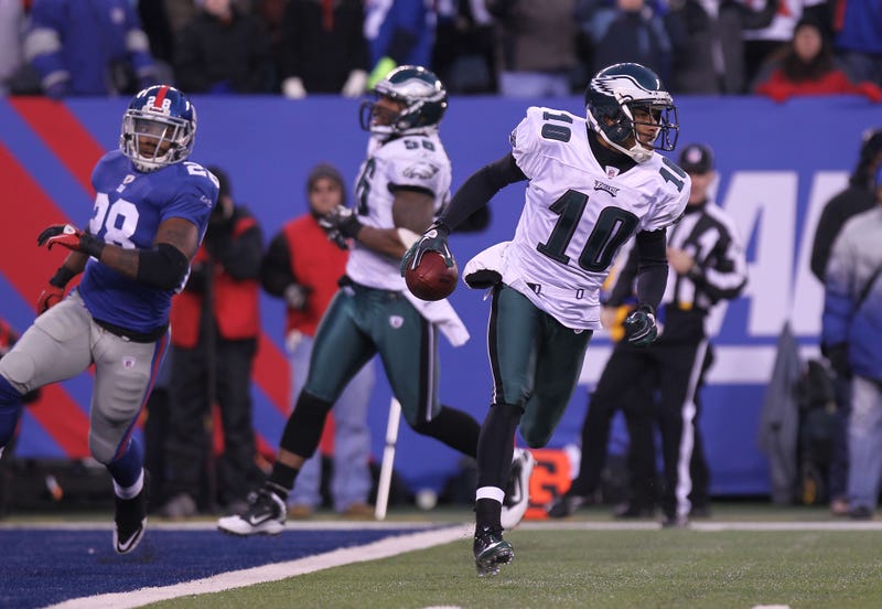 DeSean Jackson #10 of the Philadelphia Eagles runs in the game-winning touchdown on a punt return against the New York Giants at New Meadowlands Stadium on Dec. 19, 2010 in East Rutherford, New Jersey.