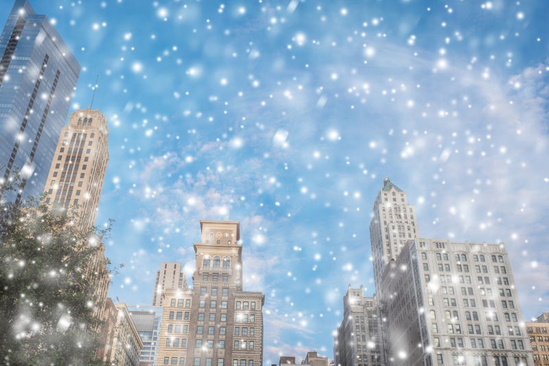 View on the Chicago downtown and skyscrapers in the winter snowfall