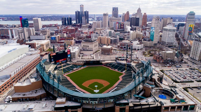 An aerial view of Comerica Park in Detroit, where the Tigers play.