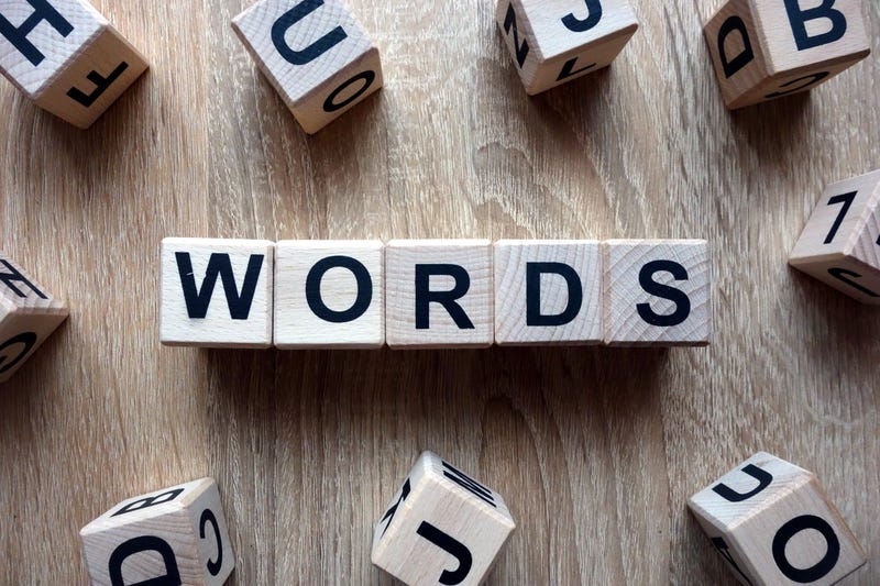 Wooden letter blocks that spell out  "WORDS"