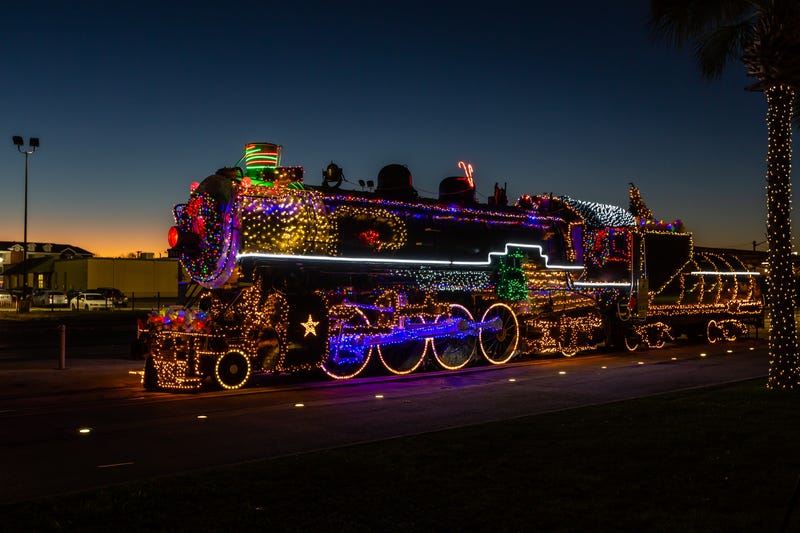 Train decorated with Christmas lights