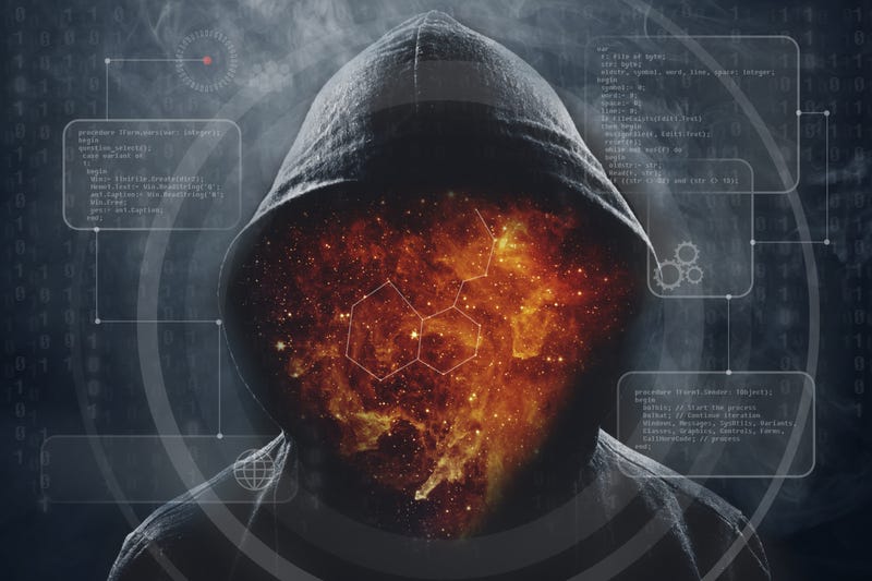 Silhouette of man in the hood, dark mysterious man hoodie, murderer, hacker, anonymus on the black background with free space. 