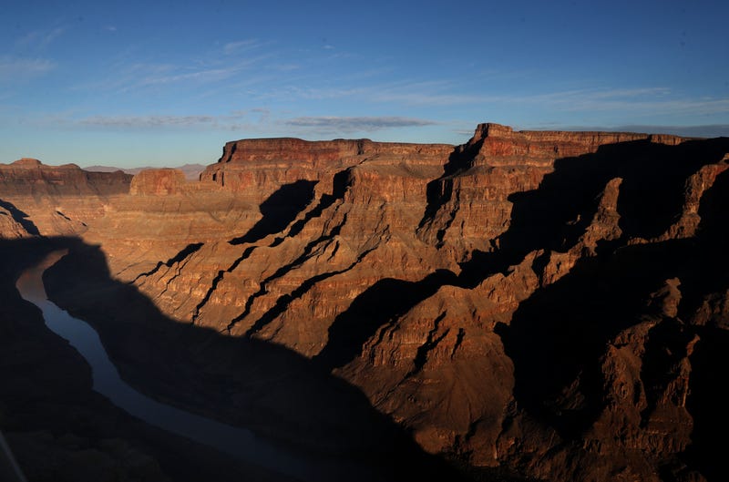 The Colorado River winds its way along the West Rim of the Grand Canyon in the Hualapai Indian Reservation on January 10, 2019 near Peach Springs, Arizona