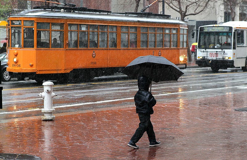 A young boy carries an umbrella as he walks down Market Street on February 17, 2011 in San Francisco, California