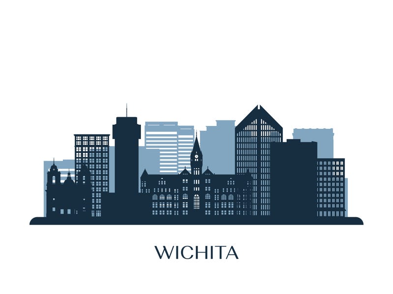 Wichita skyline, monochrome silhouette. Vector illustration.