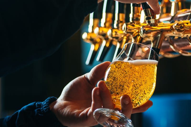 A bartender pours draft beer in a glass.