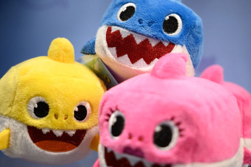 JANUARY 22: A selection of "Baby Shark" toys are seen on a display at the annual "Toy Fair" at Olympia London on January 22, 2019 in London, England.