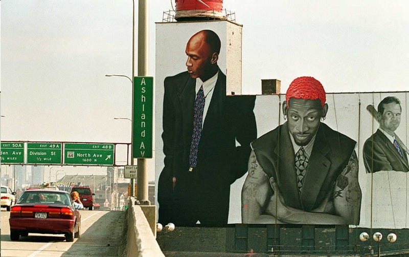 billboard painted with Michael Jordan, Dennis Rodman  and Ryne Sandberg