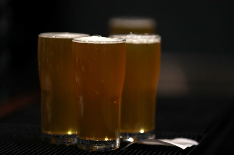 Glasses of Russian River Brewing's Pliny the Younger sit on the bar at the Russian River Brewing Company on February 01, 2019 in Windsor, California.