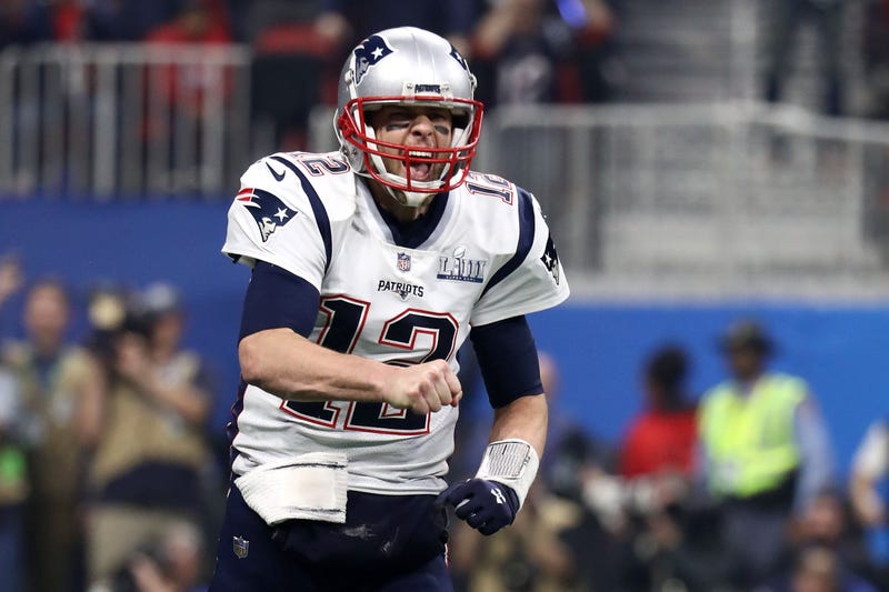Tom Brady celebrates the Patriots' fourth quarter touchdown against the Los Angeles Rams during Super Bowl LIII at Mercedes-Benz Stadium on February 03, 2019 in Atlanta, Georgia.