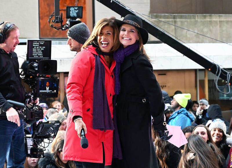Hosts Hoda Kotb (L) and Savannah Guthrie on NBC's "Today" at Rockefeller Plaza on March 8, 2019 in New York City.