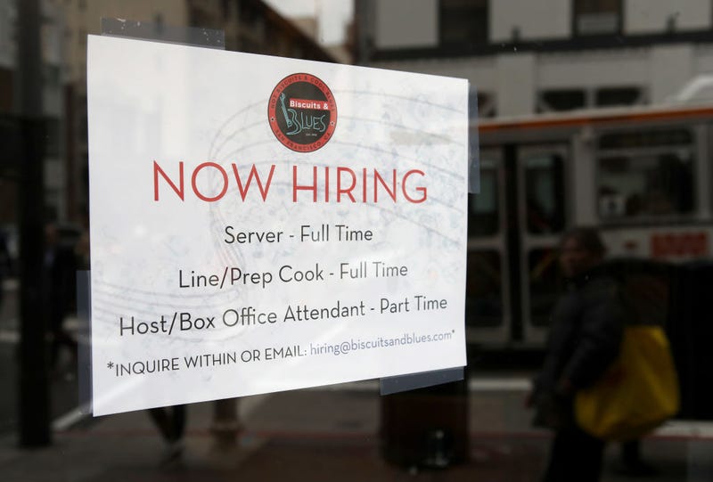 A now-hiring sign is posted at a restaurant on February 12, 2019 in San Francisco, California.