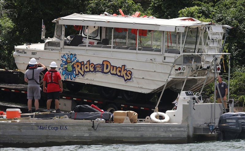 The duck boat is hauled out of the water on Monday, July 23, 2018, at Table Rock Lake in Branson, Mo.