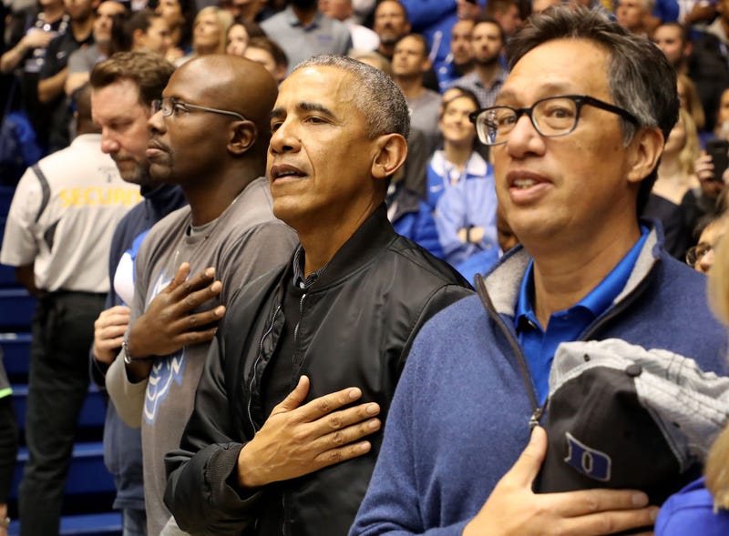  Former President of the United States, Barack Obama, watches on during the game between the North Carolina Tar Heels and Duke Blue Devils at Cameron Indoor Stadium on February 20, 2019 in Durham, North Carolina. (Photo by Streeter Lecka/Getty Images)