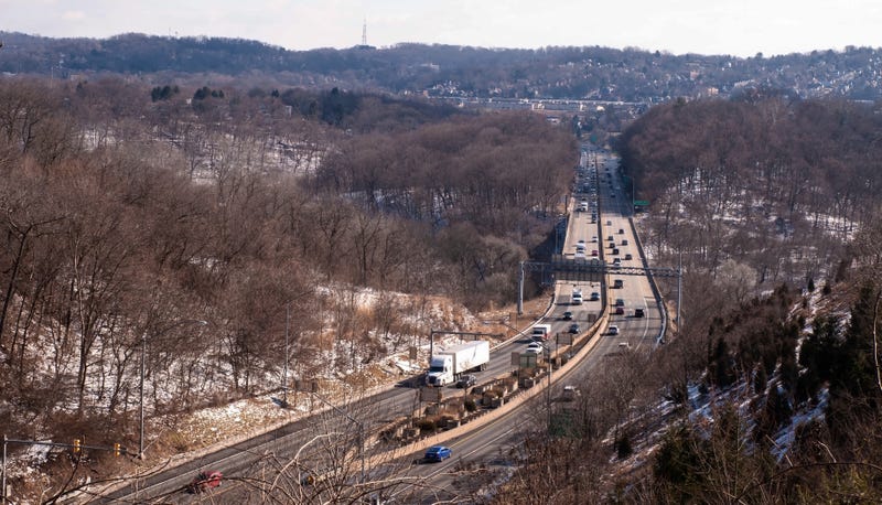 The Parkway East, State Route 376 traffic before the Squirrel Hill Tunnels seen from the Summerset neighborhood on a sunny winter day