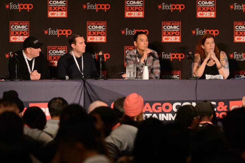 Al Gough, Miles Millar, Daniel Wu and Mo Ryan attend AMC's 'Into the Badlands' premiere screening and panel at C2E2 on March 23, 2019 in Chicago, Illinois.