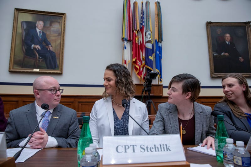 Navy Lt. Commander Blake Dremann, Army Capt. Alivia Stehlik, Army Capt. Jennifer Peace and Army Staff Sgt. Patricia King at the Military Personnel Subcommittee hearing on "Transgender Service Policy." on Capital Hill on February 27, 2019 in Washington, DC. (Photo by Tasos Katopodis/Getty Images)