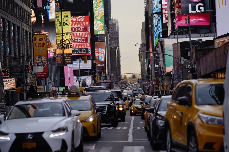 Vehicles sit in traffic during rush hour in Times Square