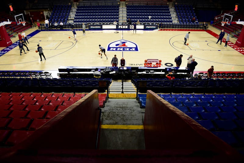 The Pennsylvania Quakers warm up opposite the Yale Bulldogs before the game at The Palestra on March 8, 2019, in Philadelphia, Pennsylvania. Penn won 77-66.