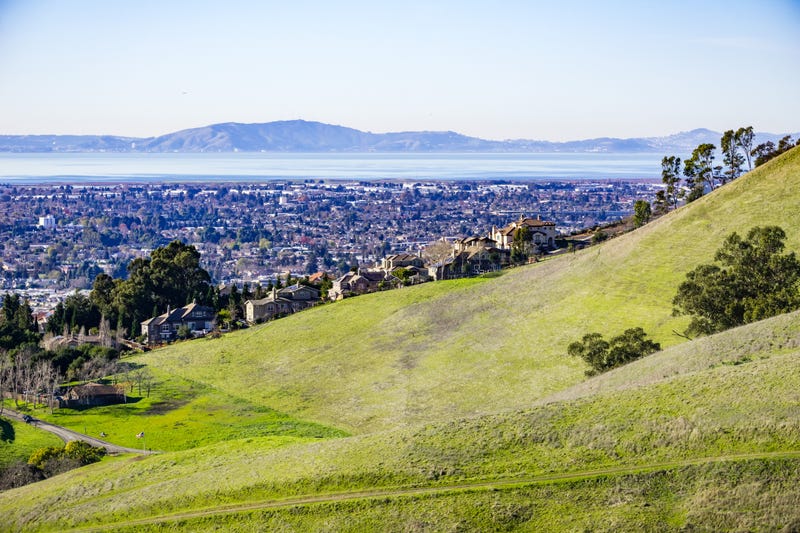 View towards the towns of the east bay, San Francisco Bay Area, Hayward, California.