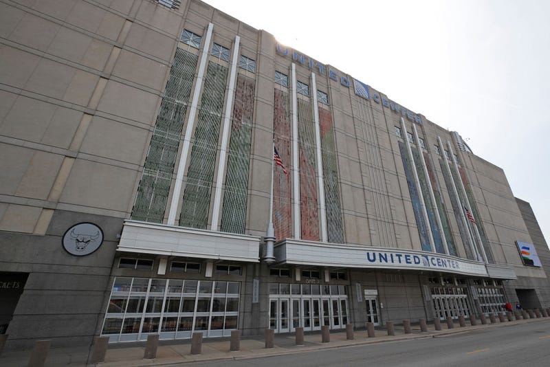 An exterior shot of the United Center before the Philadelphia 76ers game against the Chicago Bulls on April 6, 2019 in Chicago, Illinois.