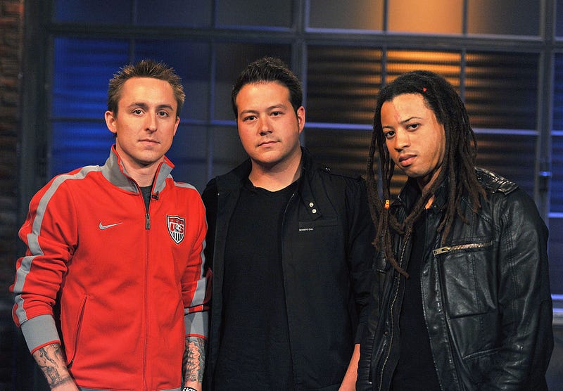 Yellowcard members (L-R) Ryan Key, Sean Mackin and Longineu W. Parsons III on May 3, 2011 in New York City