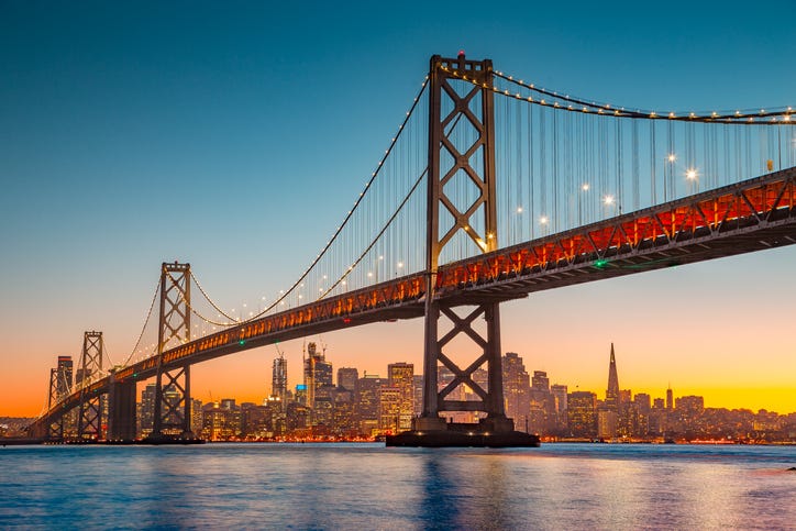 San Francisco skyline with Oakland Bay Bridge at sunset, California