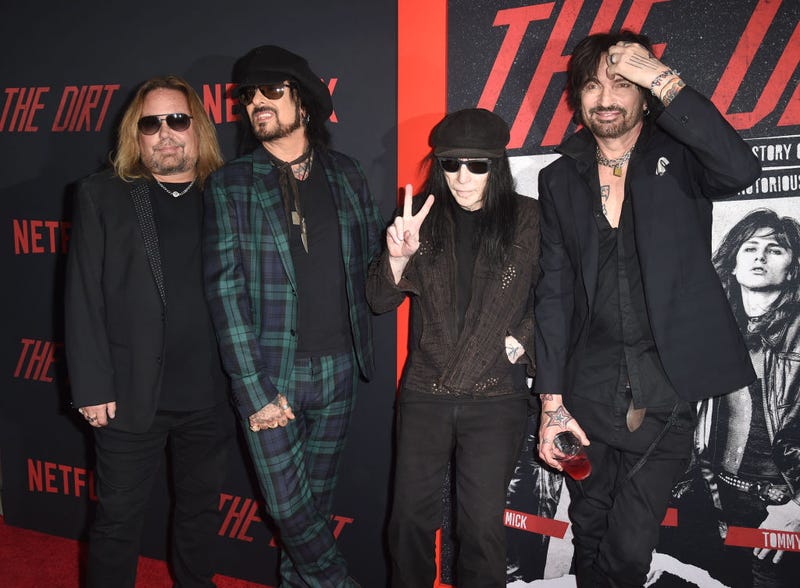  (L-R) Vince Neil, Nikki Sixx, Mick Mars and Tommy Lee of Motley Crue arrive at the premiere of Netflix's "The Dirt" at ArcLight Hollywood on March 18, 2019 in Hollywood, California. 