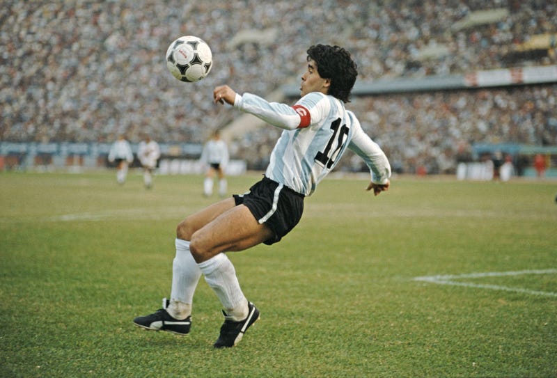 Argentina player Diego Maradona in action during a 1986 FIFA World Cup qualifying match against Peru at the National Stadium on June 23, 1985 in Lima, Peru
