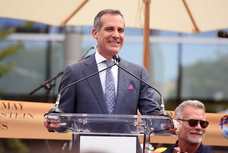Mayor of Los Angeles Eric Garcetti speaks onstage at the grand opening of the Los Angeles LGBT Center's Anita May Rosenstein Campus on April 07, 2019 in Los Angeles, California.