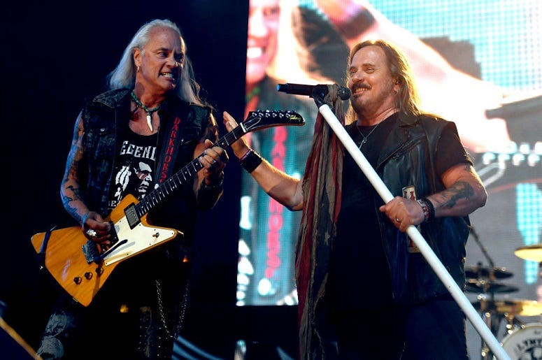 Rickey Medlocke and Johnny Van Zant of Lynyrd Skynyrd perform onstage during the 2019 Stagecoach Festival