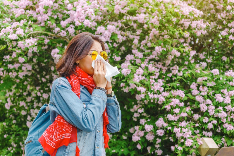 Woman sneezing from nearby pollen. 