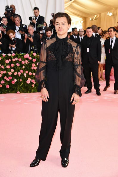 harry styles in sheer lace gucci top at 2019 met gala
