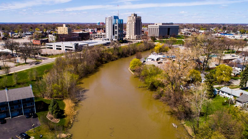 An aerial view of the Clinton River in Mount Clemens.