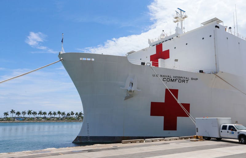 The U.S. Navy hospital ship USNS Comfort is shown docked at the Port of Miami following a tour of the vessel by U.S. Vice President Mike Pence on June 18, 2019 in Miami, Florida. The ship is set to depart on a medical assistance mission in Central America, South America and the Caribbean. (Photo by Joe Skipper/Getty Images)