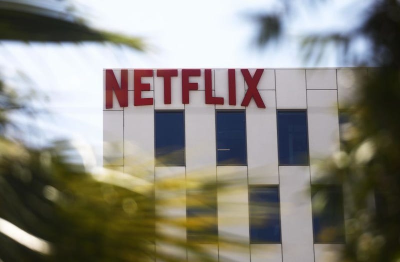The Netflix logo is displayed at Netflix offices on Sunset Boulevard in Los Angeles, California