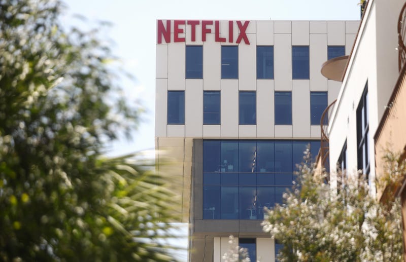 Netflix logo displayed at offices on Sunset Boulevard in Los Angeles.