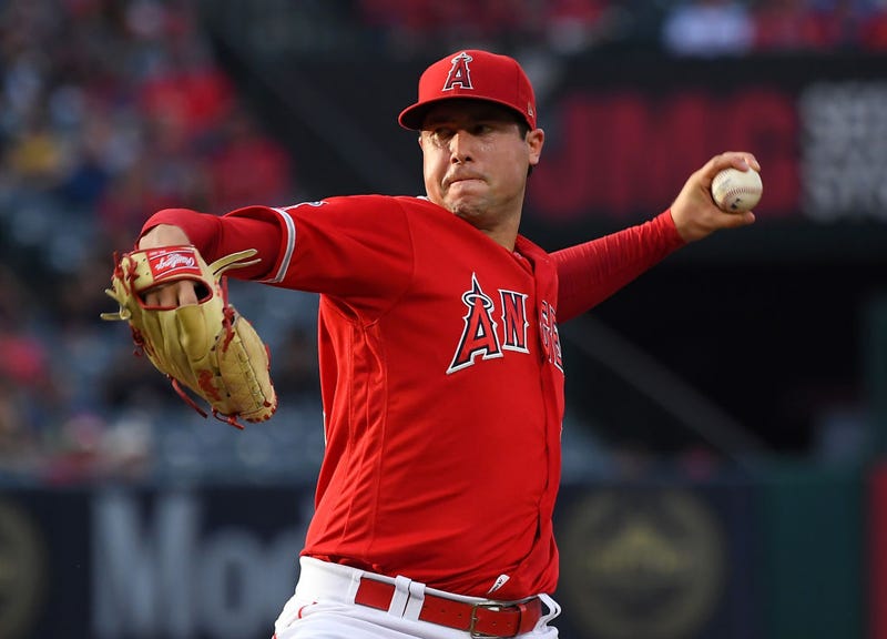Tyler Skaggs #45 of the Los Angeles Angels pitches in the first inning of the game against the Oakland Athletics at Angel Stadium of Anaheim on June 29, 2019 in Anaheim, California.
