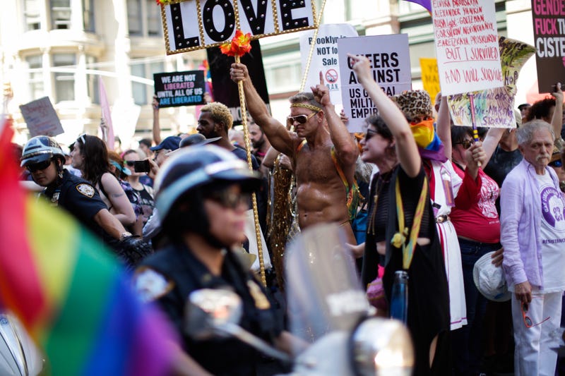 Activists shout slogans at police during the Queer Liberation March on June 30, 2019 in New York City. The march marks the 50th anniversary of the Stonewall riots in the Greenwich Village neighborhood of Manhattan on June 28, 1969, widely considered a watershed moment in the modern gay-rights movement. The Queer Liberation March, organized by the Reclaim Pride Coalition, began as a protest of the much larger NYC Pride March, which some have accused of being too corporate-sponsored and too strict on participation requirements.
