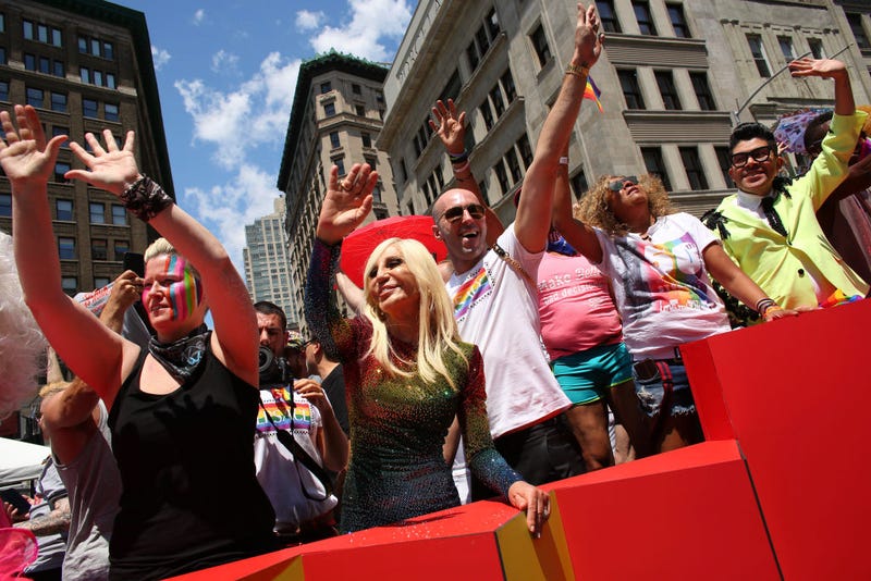 Donatella Versace attends the NYC Pride March on June 30, 2019 in New York City. The march marks the 50th anniversary of the Stonewall riots in the Greenwich Village neighborhood of Manhattan on June 28, 1969, widely considered a watershed moment in the modern gay-rights movement.