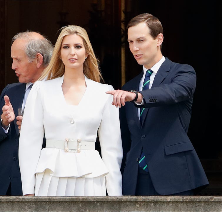 Ivanka Trump and Jared Kushner stand on a balcony of Buckingham Palace during the Ceremonial Welcome in the Buckingham Palace Garden on June 3, 2019 in London, England.