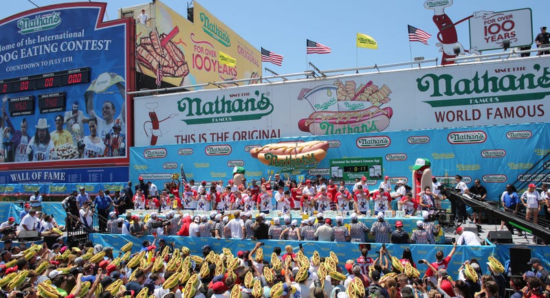 General View of the men's hot dog eating contest on July 4, 2019 in New York City