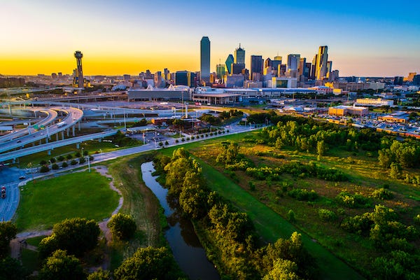 River and green space above Dallas Texas Skyline Cityscape 2019