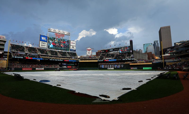 A brief thunderstorm blows through during the pregame of the Minnesota Twins against the Kansas City Royals at Target Field on August 3, 2019 in Minneapolis, Minnesota.