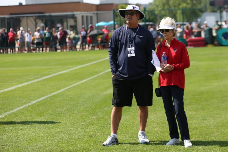Houston Texans owner Janice McNair and her son D. Cal McNair overlook practice during a joint practice of the Green Bay Packers and the Houston Texans at Ray Nitschke Field on August 5, 2019 in Ashwaubenon, WI.