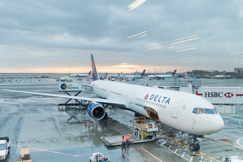 View of aircraft maneuvering at John F. Kennedy JFK International Airport, located in New York, in the Queens neighborhood.