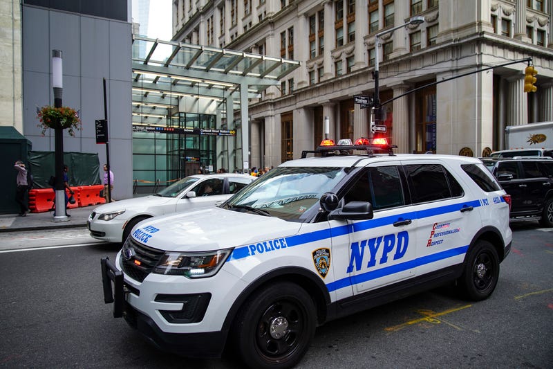 NYPD vehicles outside of the Fulton Street subway station in Lower Manhattan in 2019
